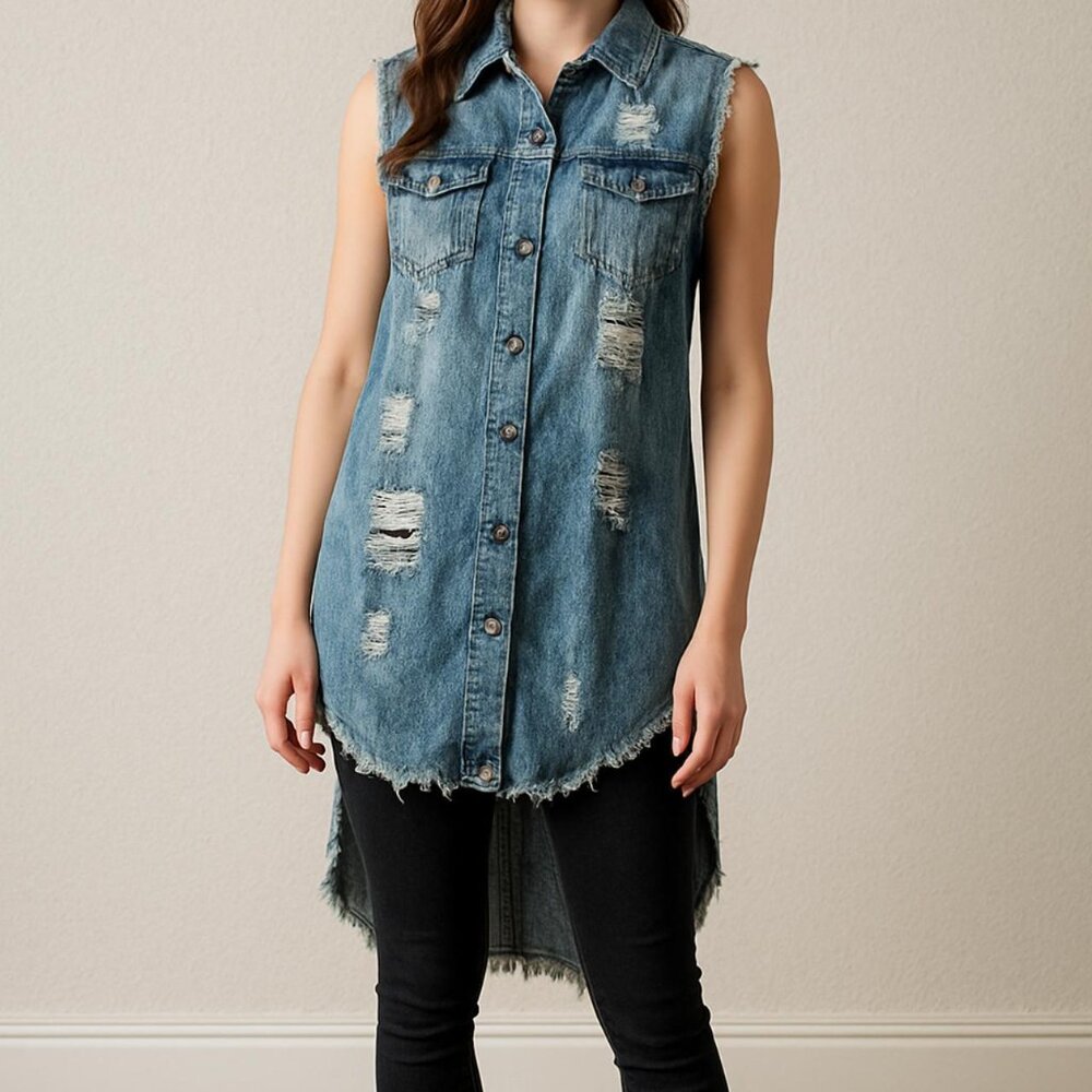 Thrill Denim Sleeveless Distressed Hi-Low Shirt Dress Tunic M